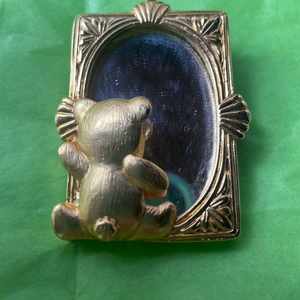 Vintage teddy bear mirror brooch made by JJ